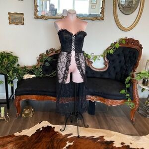 Vintage Strapless Lace Corset Top Dress Lace-Up Front lingerie nightgown small